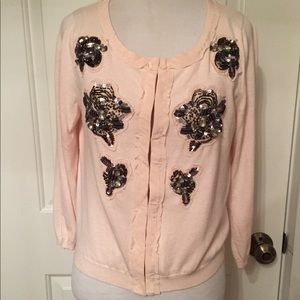 BODEN SWEATER CARDIGAN CROPPED PINK EMBELLISHED FLOWER 3/4 SLEEVE S fit Tagged 8